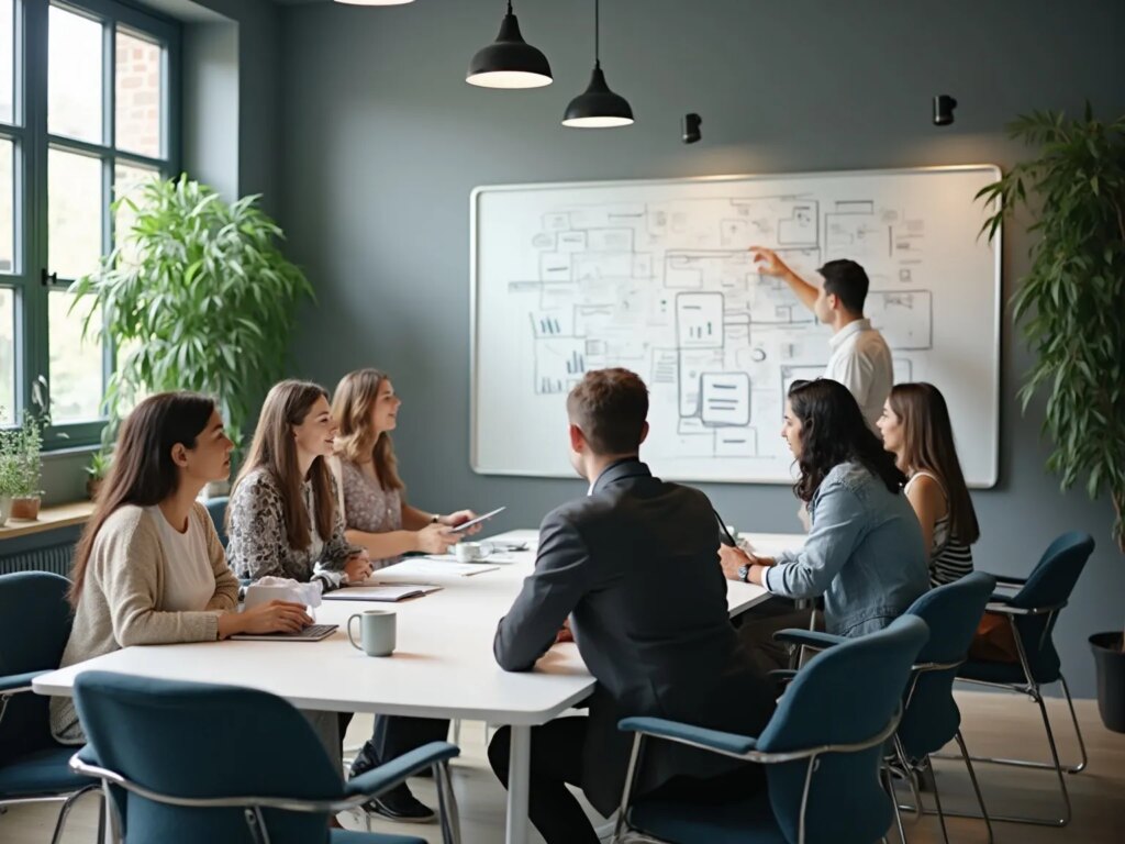 Gruppe diskuterer foran whiteboard på kontor