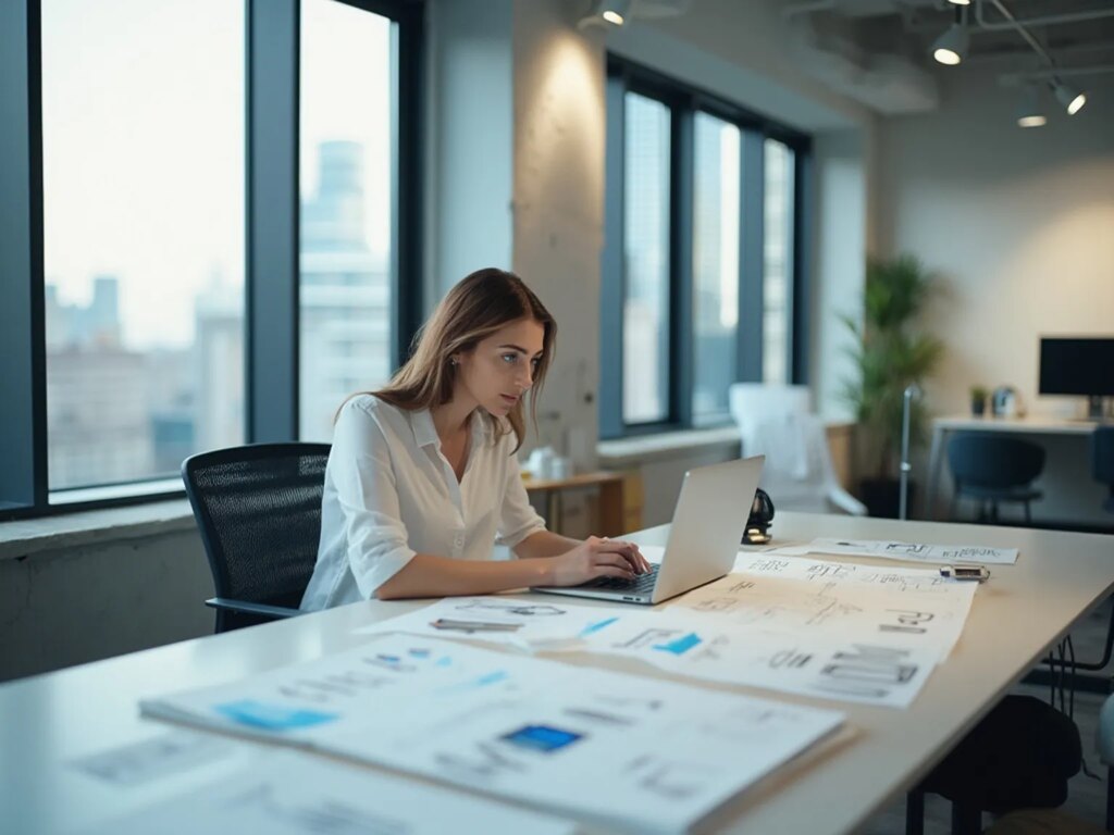 Kvinde arbejder ved bærbar computer på kontor med planer.