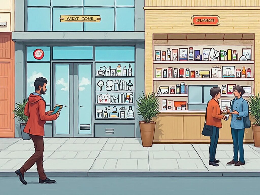 Mand med tablet foran butik og apotek