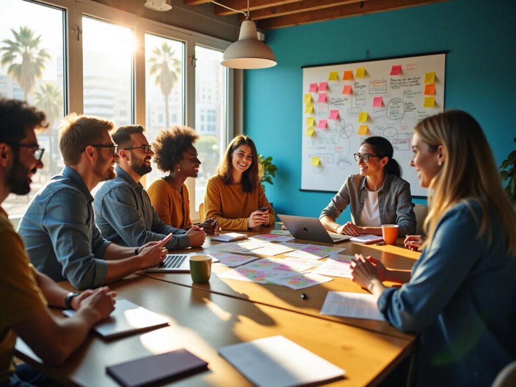 Team diskuterer projekt ved sollys bord