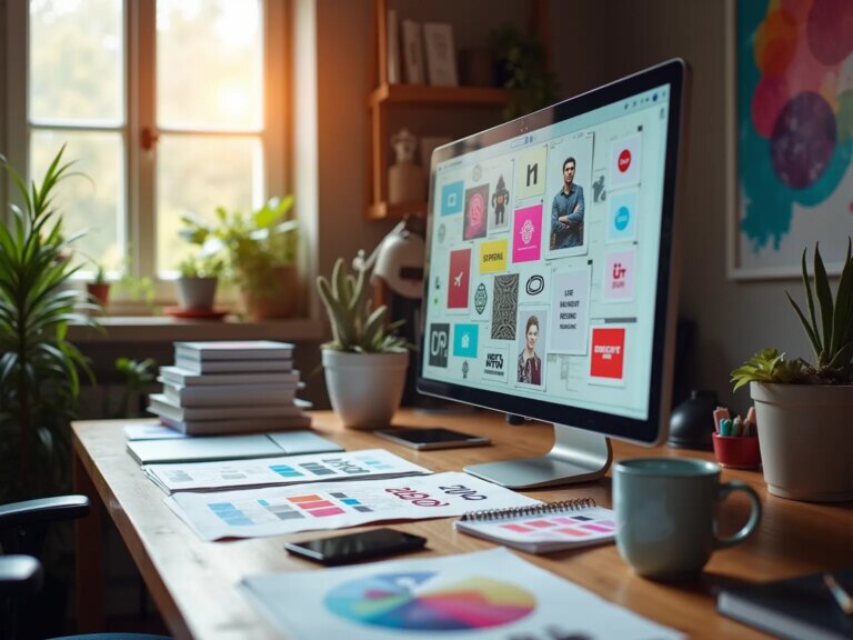 Moderne kontor med computer og grafisk designarbejde
