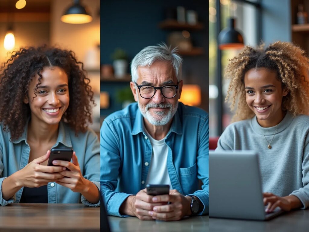 Tre personer med telefoner og laptop i café