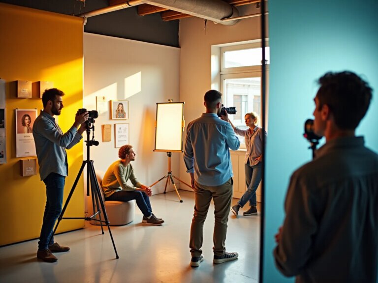 Fotostudie med fotografer og modeller i arbejde