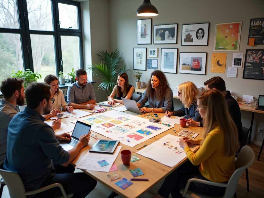 Gruppe diskuterer design på kontor