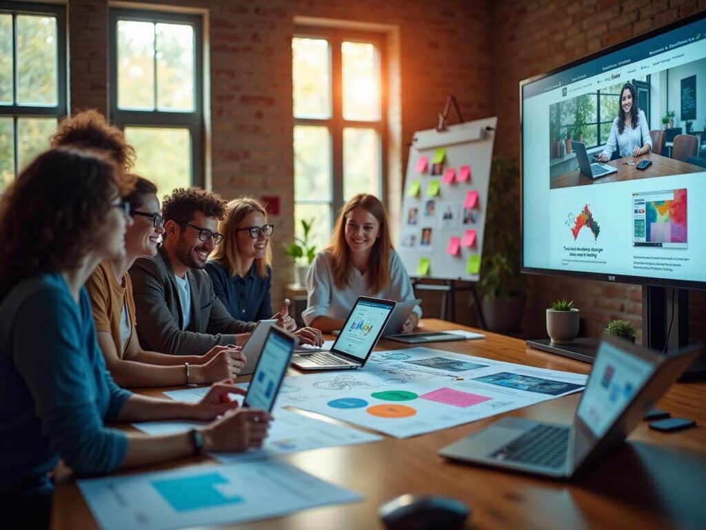 Team møde med præsentation og laptops på bordet.