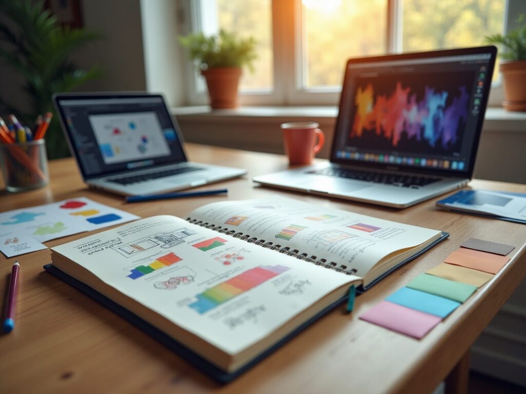 Notatbøger og laptops på kontorbord med diagrammer
