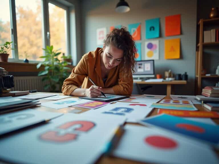 Kvinde designer grafiske skitser ved skrivebord