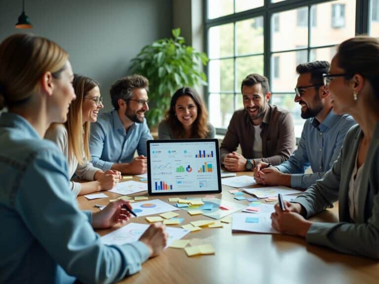 Gruppe arbejder sammen ved bord med diagrammer.