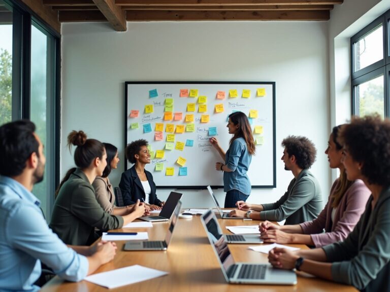 Personer diskuterer ved whiteboard i mødelokale.