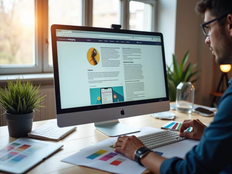 Designer arbejder ved computer med webdesign.