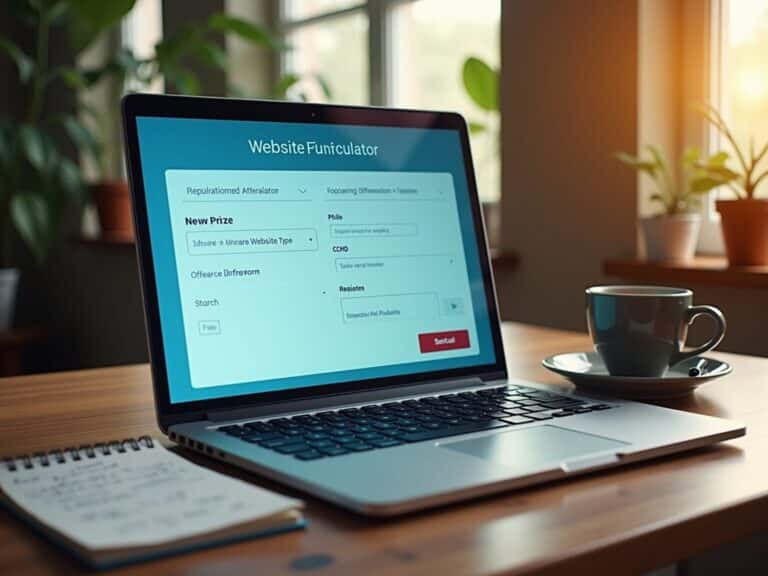 Laptop with website screen on table next to cup.