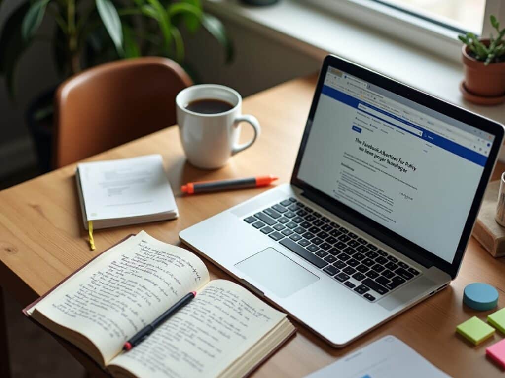 Skrivebord med bærbar computer og notesbøger