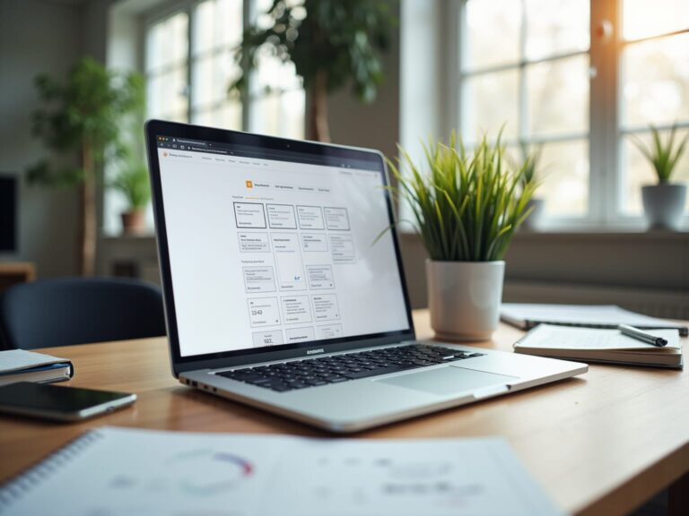 Bærbar computer på kontor skrivebord med planter