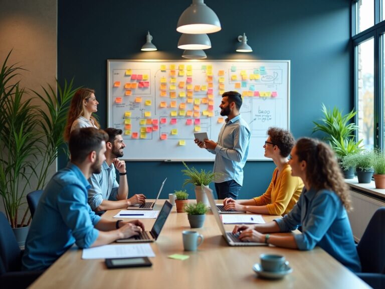 Møde i kontor med post-it noter på tavle