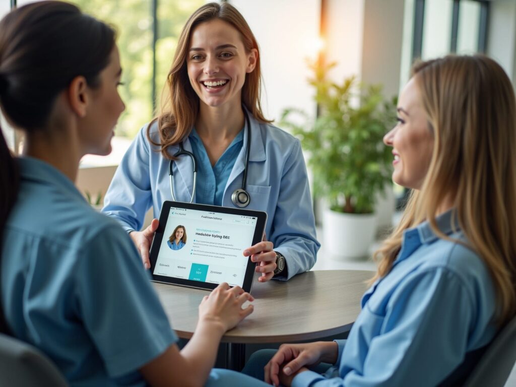 Tre læger diskuterer medicinsk rapport på tablet.
