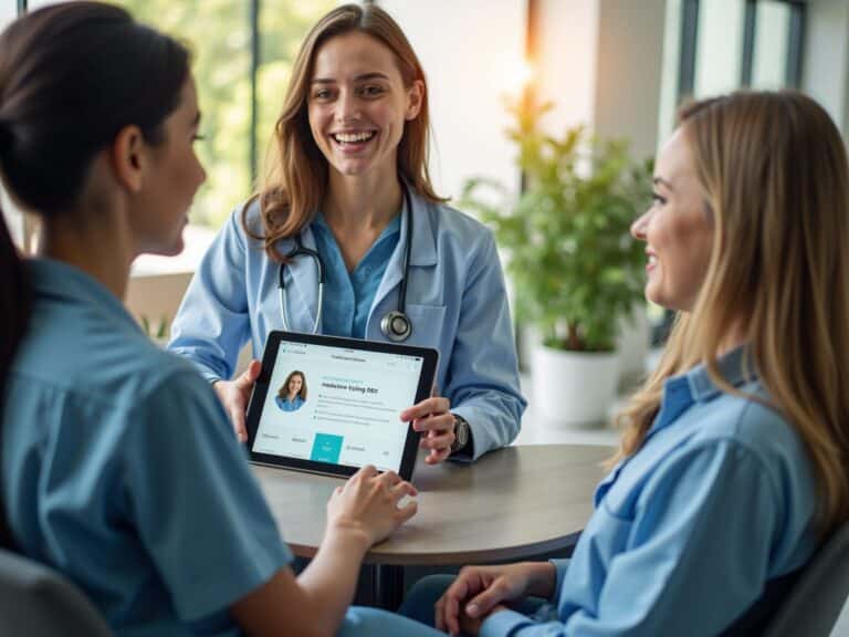 Tre læger diskuterer medicinsk rapport på tablet.