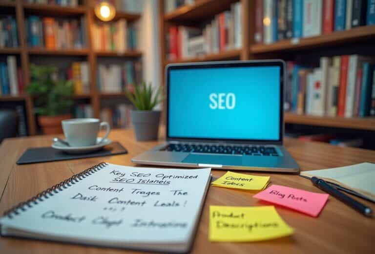 SEO strategi skrevet i notesbog ved siden af computer.
