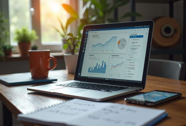 Bærbar computer med analytisk dashboard på skrivebord