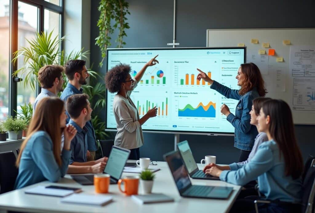 Team præsenterer data på skærm i mødelokale.