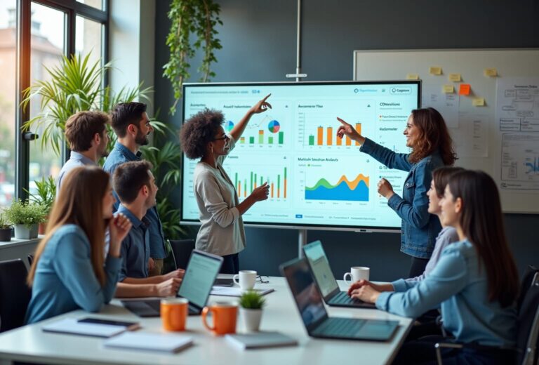 Team præsenterer data på skærm i mødelokale.