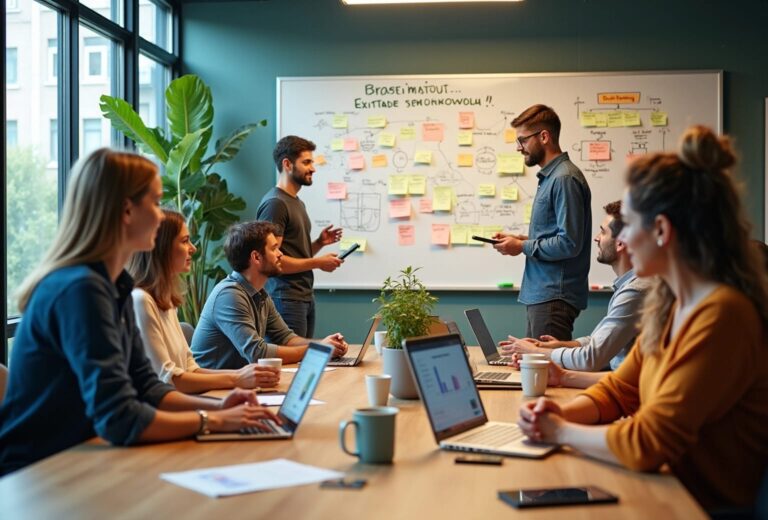 Mødedeltagere diskuterer ved tavle med post-its