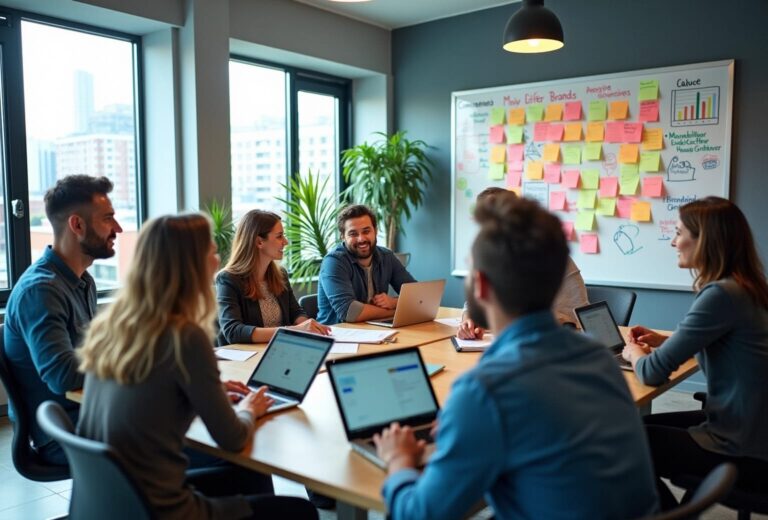 Møde i kontor med smilende deltagere