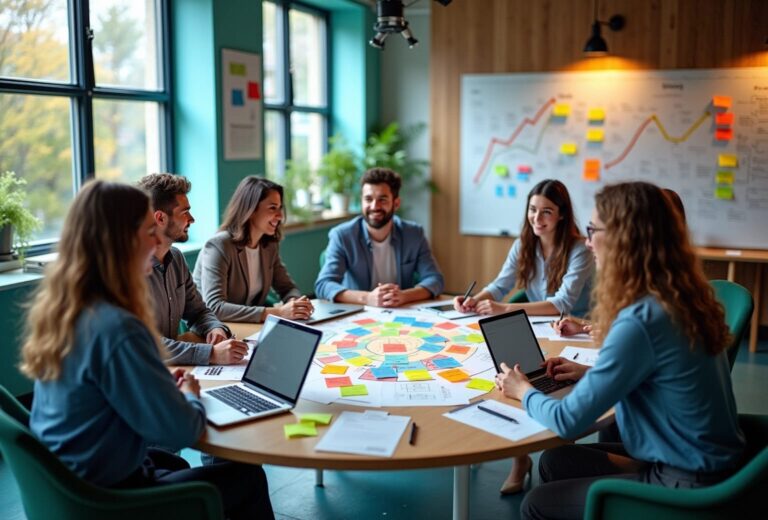 Forretningsmøde med team, noter og diagrammer