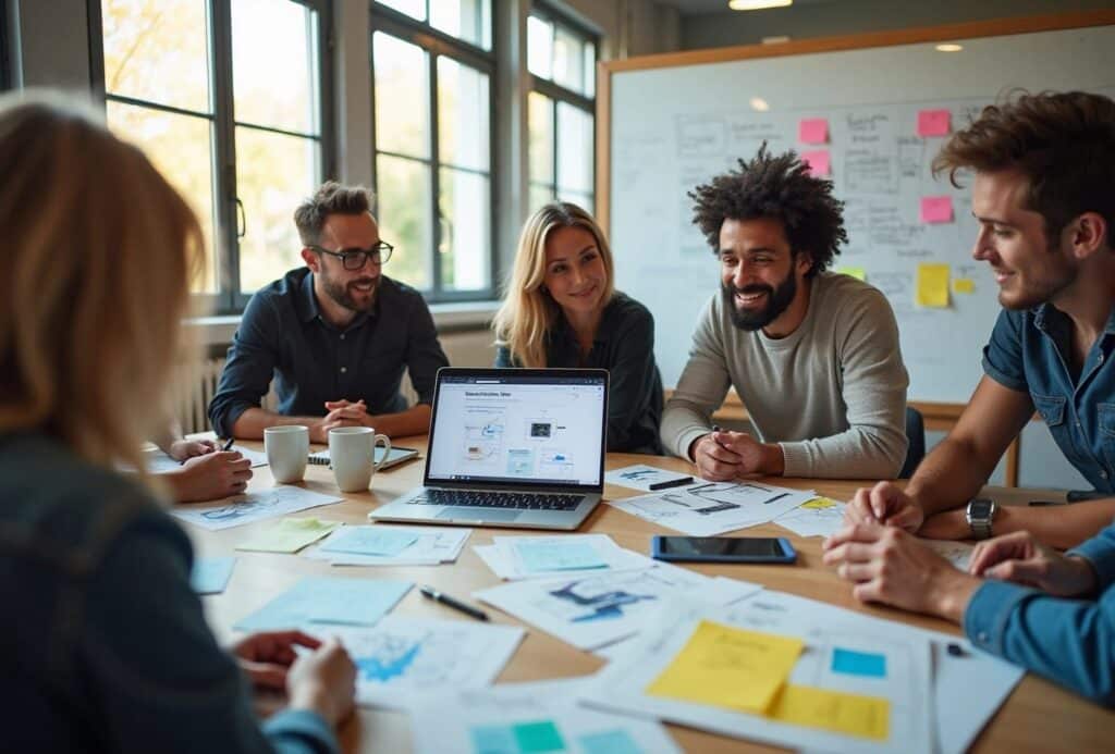 Gruppe mødes om laptop og dokumenter i kontor.