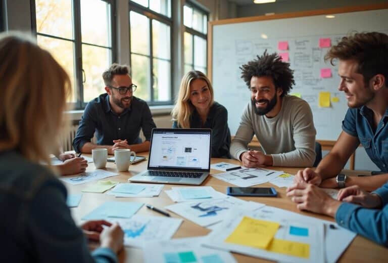 Gruppe mødes om laptop og dokumenter i kontor.