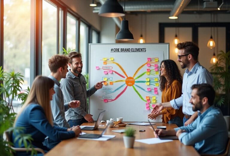Teamarbejde ved tavle med farverige diagrammer