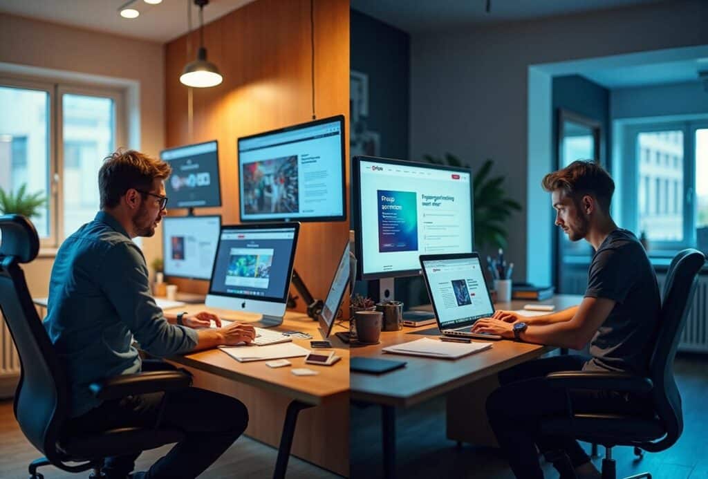 To mænd arbejder på computere.