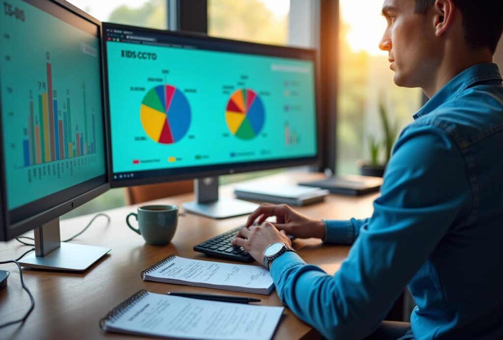 Person arbejder ved computer med grafer og diagrammer.