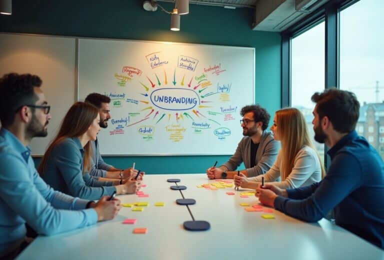 Team brainstormer ved bordet med plancher på væggen.