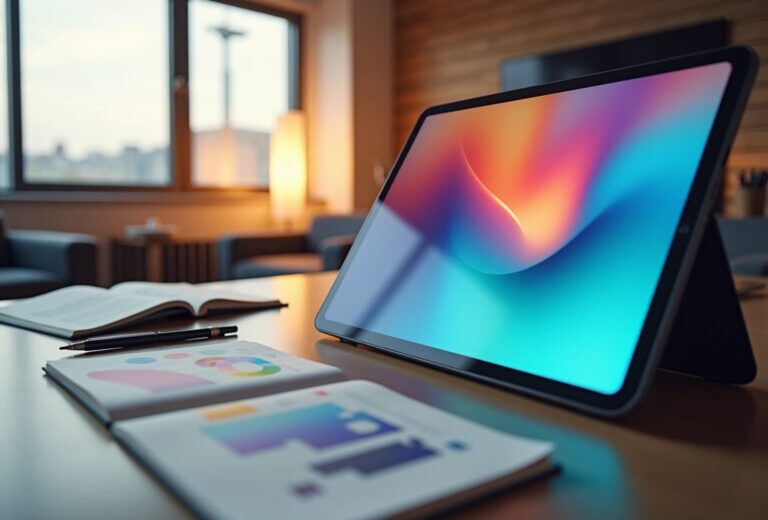 Tablet og åbne bøger på et skrivebord