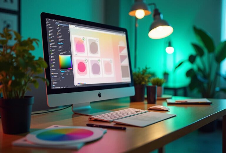 Skrivebord med computer og designsoftware i brug