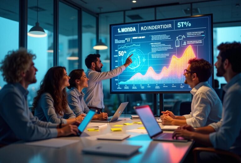 Team analyserer data på stor skærm