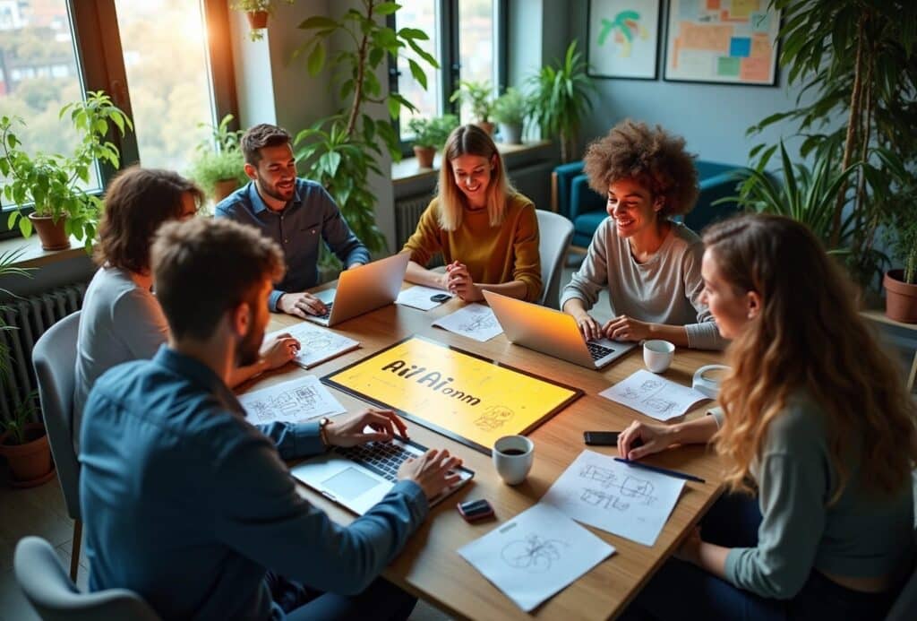 Gruppe mennesker arbejder sammen på laptops