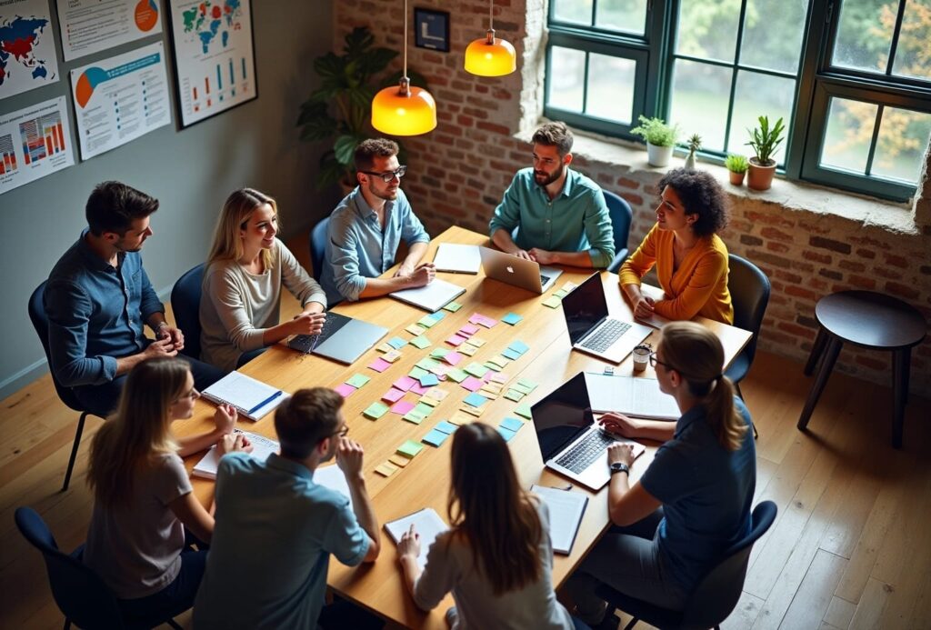 Gruppe diskuterer rundt et bord fyldt med laptops.