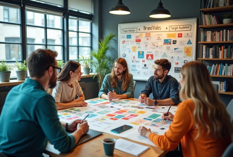 Møde i kontor med kreative strategier diskuteret.