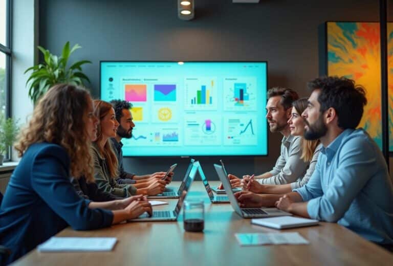 Professionelt møde med laptops og præsentation på skærm.