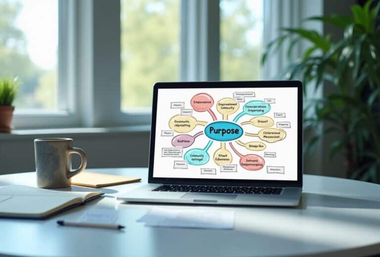 Bærbar computer med mindmap om formål på skærmen.