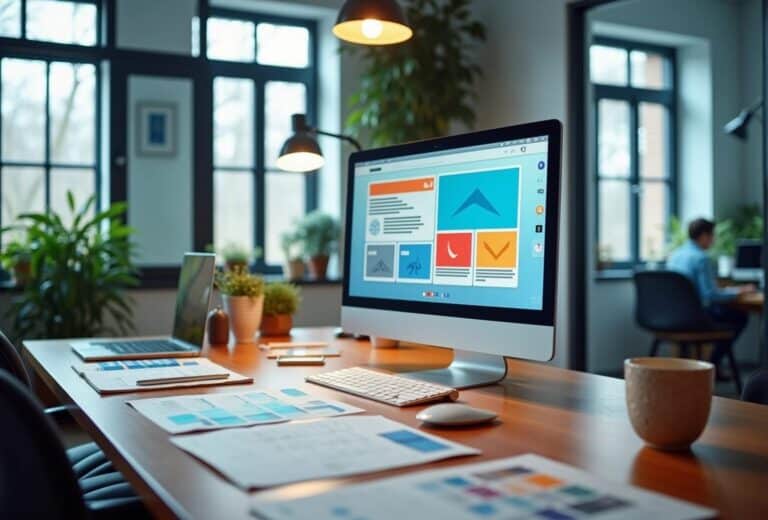 Moderne kontor med computer og papirarbejde