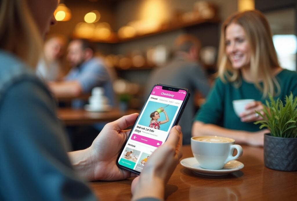 Person tjekker app på smartphone i café