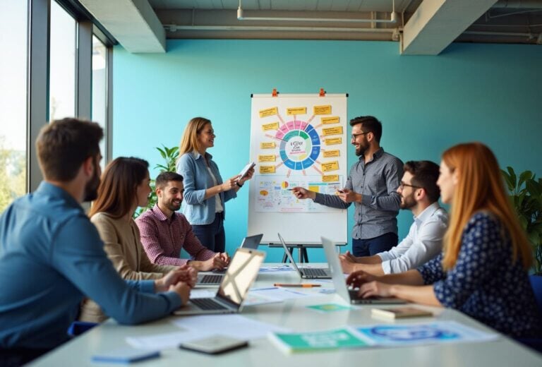 Team discussion with presentation and laptops