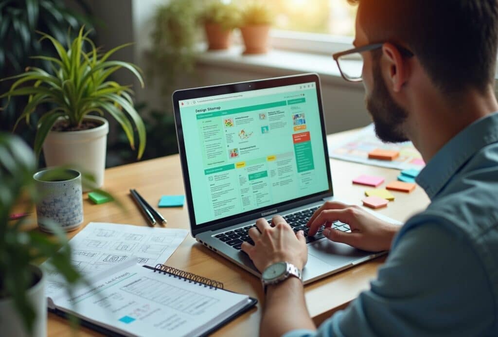 Mand arbejder på webdesign ved laptop