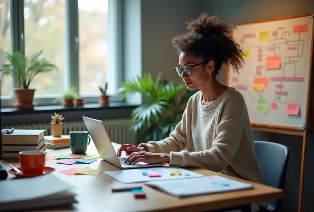 Kvinde arbejder på bærbar computer på kontor.