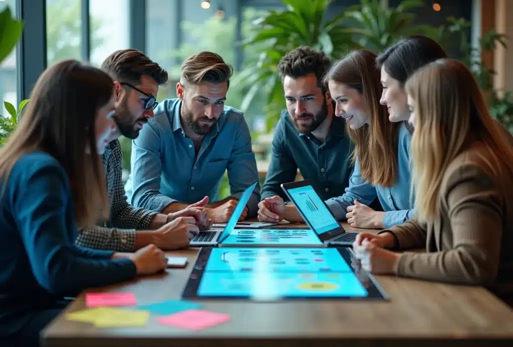Team meeting with laptops in a modern office