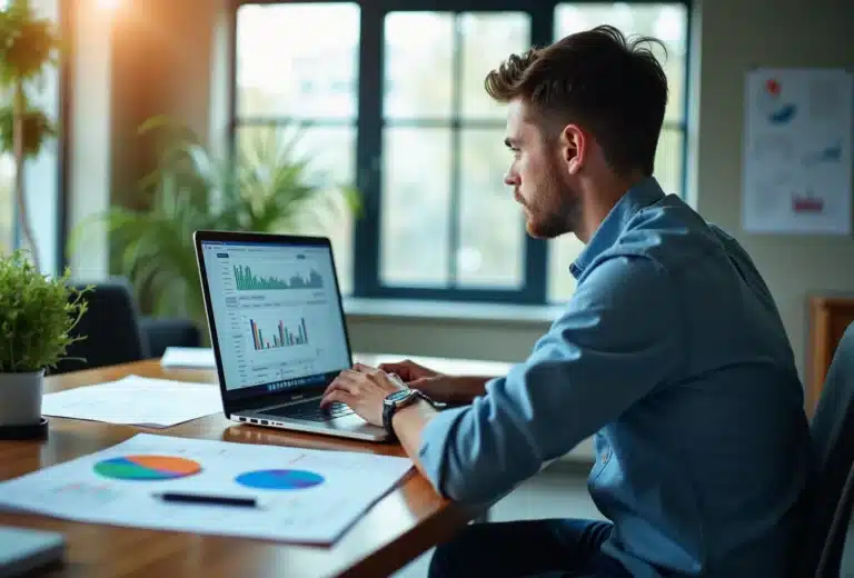 A man is analysing data on a laptop in an office
