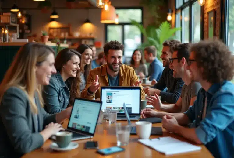 Gruppe kollegaer samarbejder på café med bærbare computere