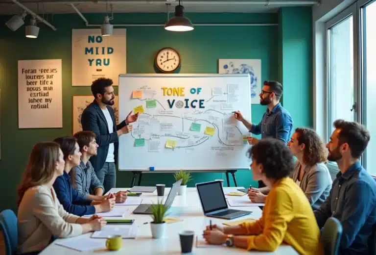 Team præsenterer idéer på hvidtavle på kontor